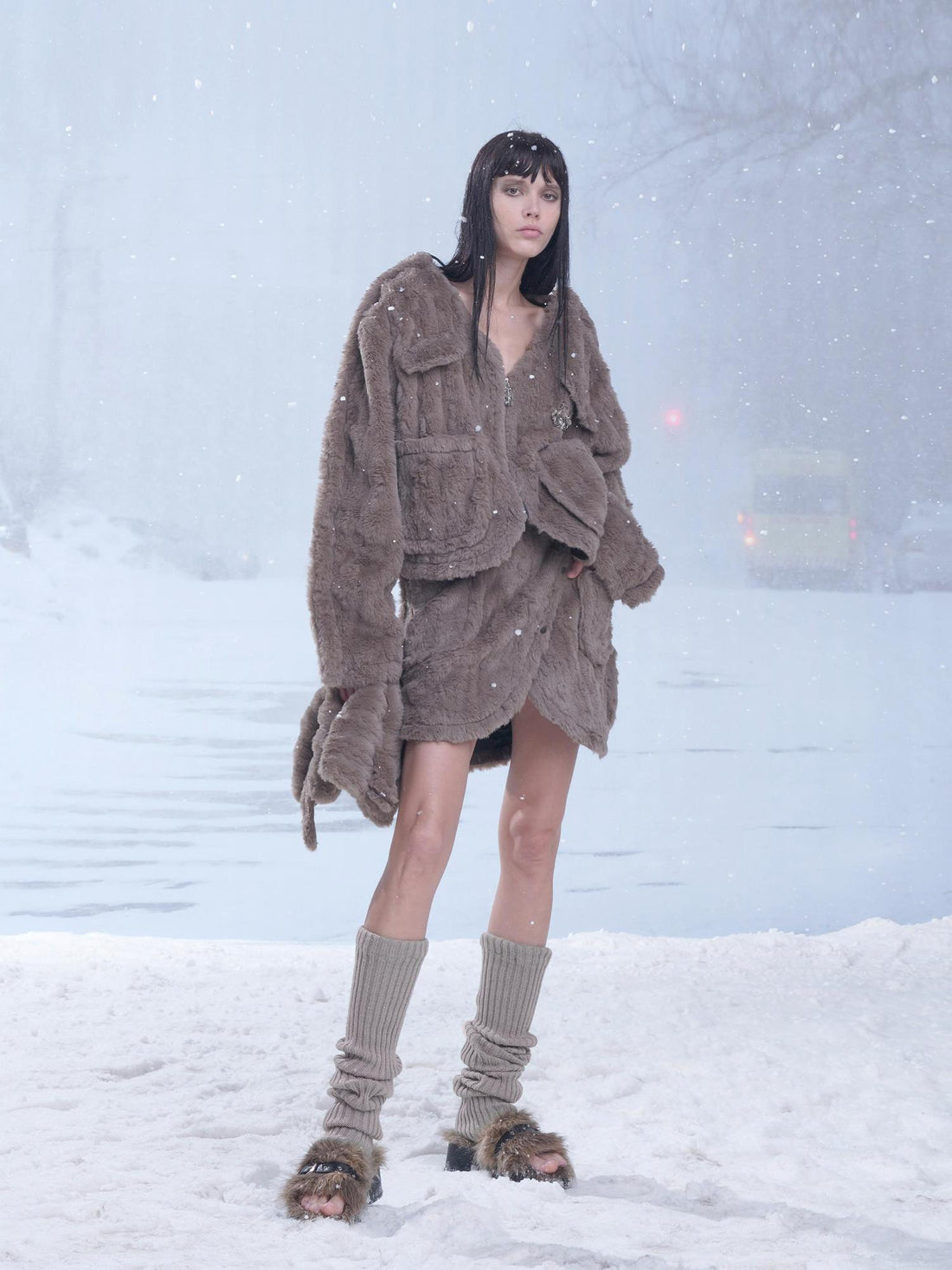 24ans Fluffy Brown Knit Winter Dress Set With Scarf