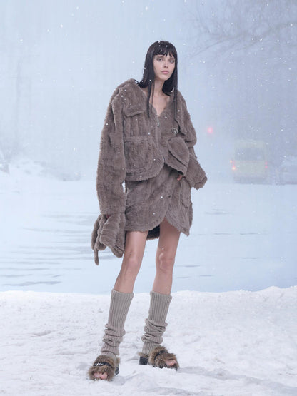 24ans Fluffy Brown Knit Winter Dress Set With Scarf