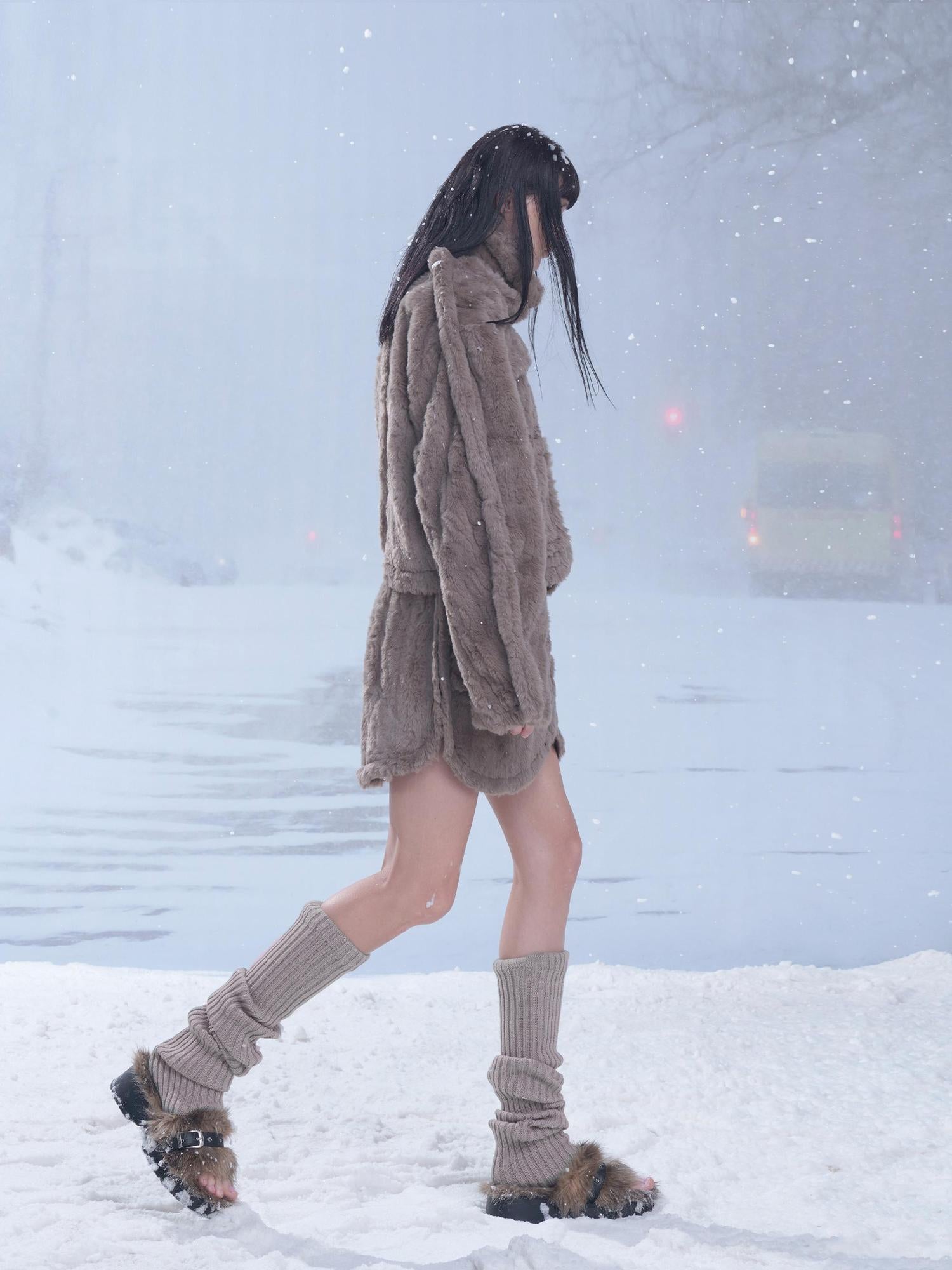 24ans Fluffy Brown Knit Winter Dress Set With Scarf