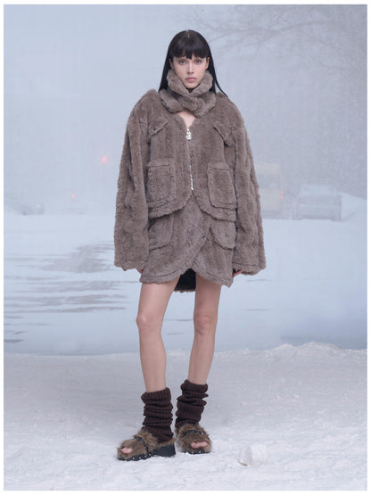 24ans Fluffy Brown Knit Winter Dress Set With Scarf