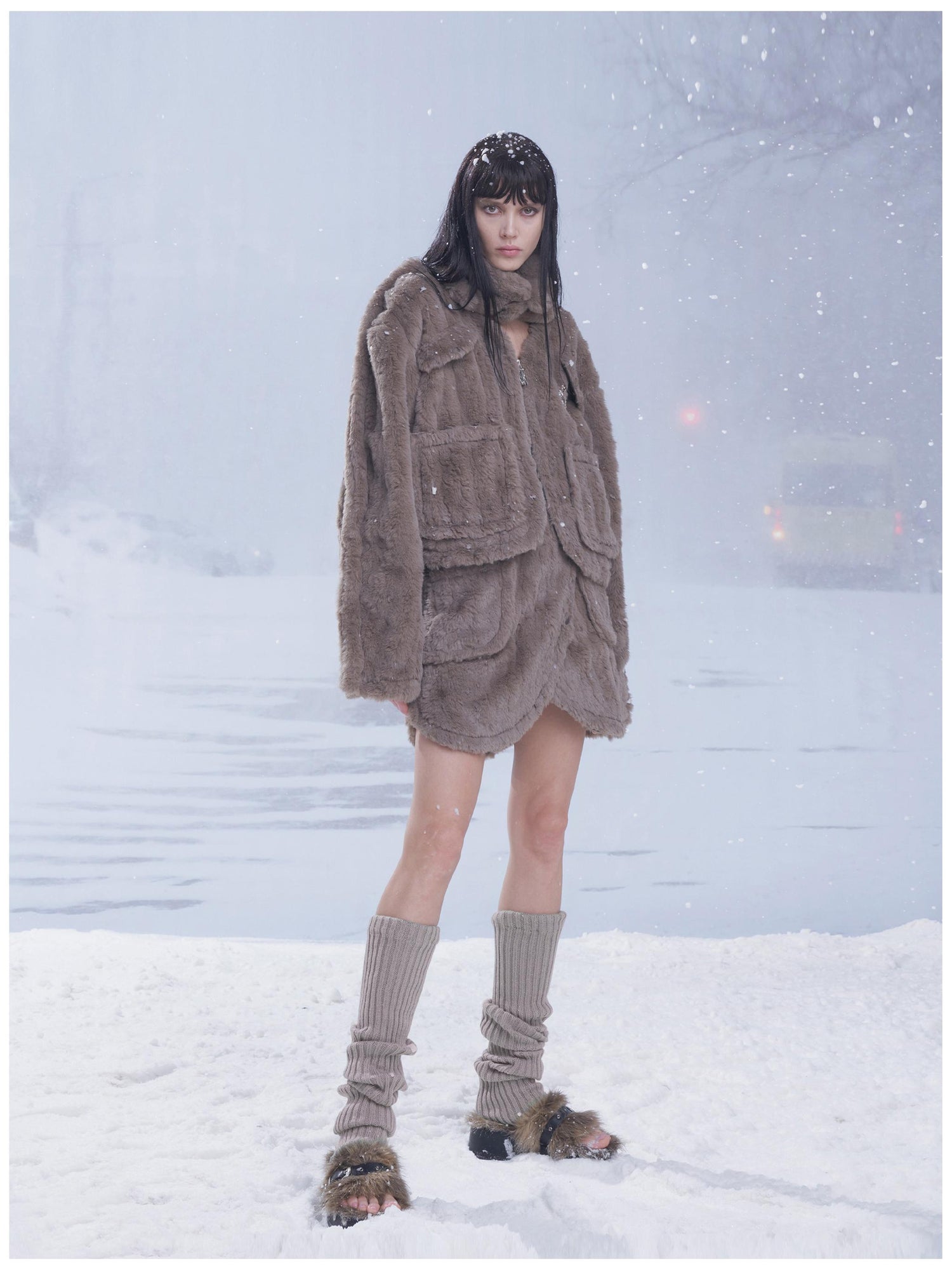 24ans Fluffy Brown Knit Winter Dress Set With Scarf