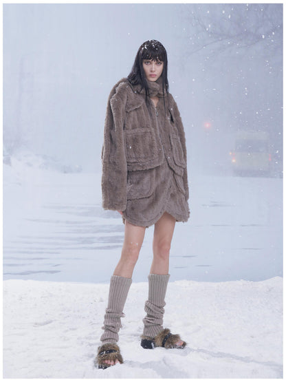 24ans Fluffy Brown Knit Winter Dress Set With Scarf
