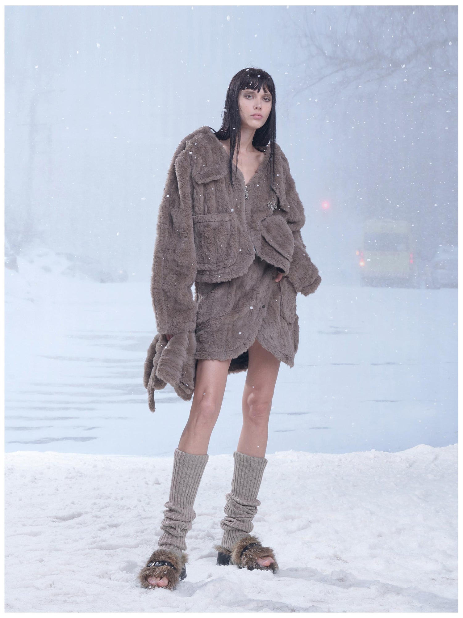 24ans Fluffy Brown Knit Winter Dress Set With Scarf