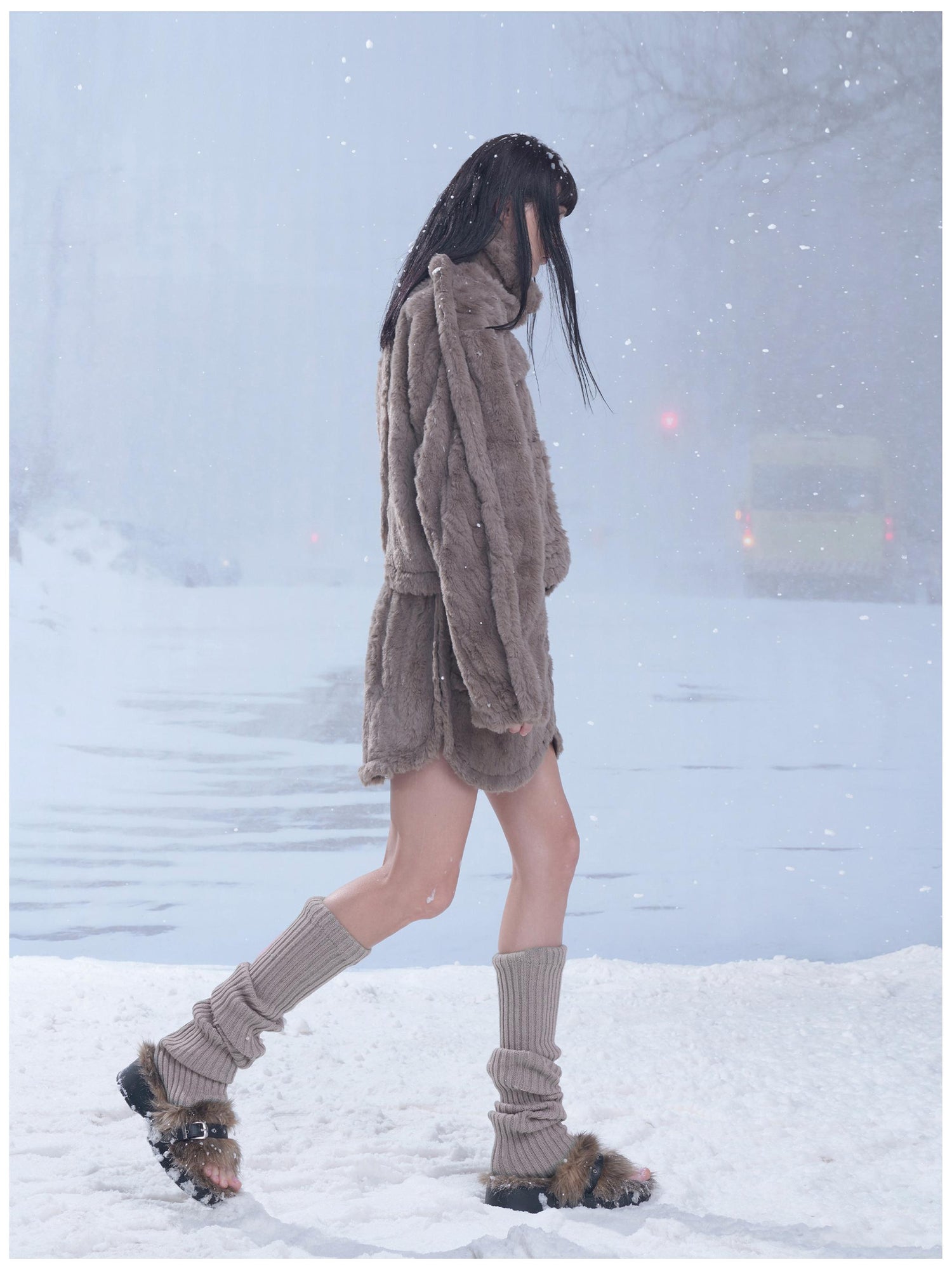 24ans Fluffy Brown Knit Winter Dress Set With Scarf