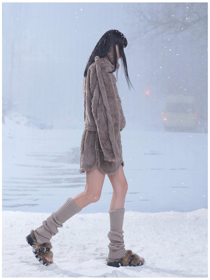 24ans Fluffy Brown Knit Winter Dress Set With Scarf