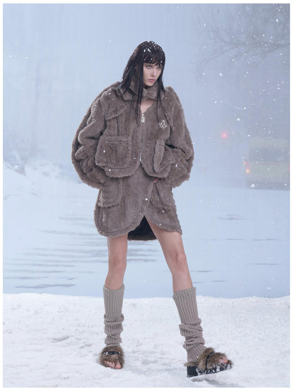 24ans Fluffy Brown Knit Winter Dress Set With Scarf