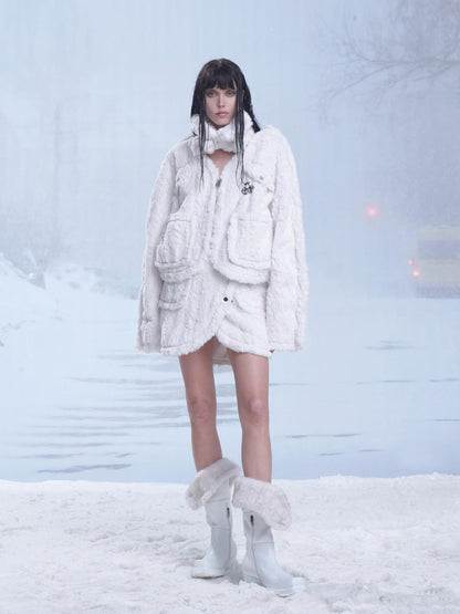 24ans Fluffy White Winter Lined Dress Set With Scarf
