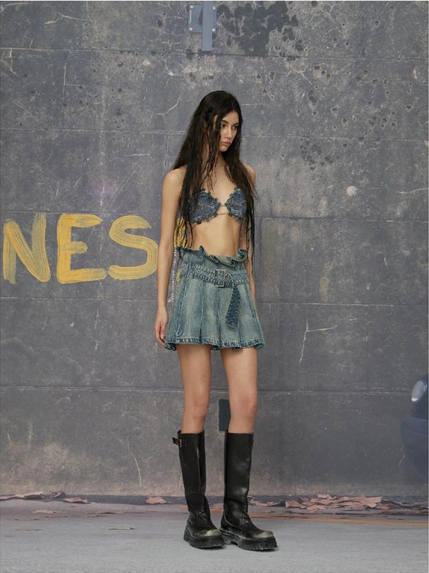 Folded Hem Denim Skirt 100 Cotton