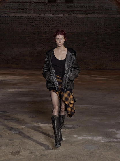 Fox Fur Trimmed Washed Leather Cotton Blend Jacket