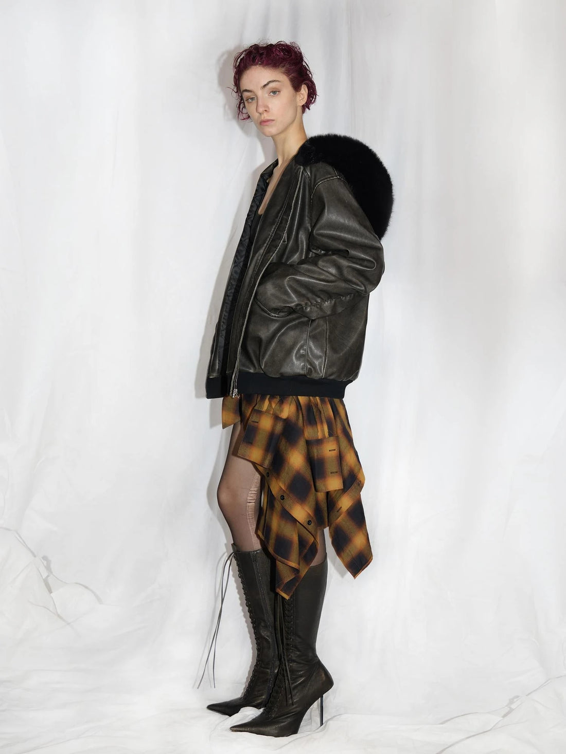 Fox Fur Trimmed Washed Leather Cotton Blend Jacket