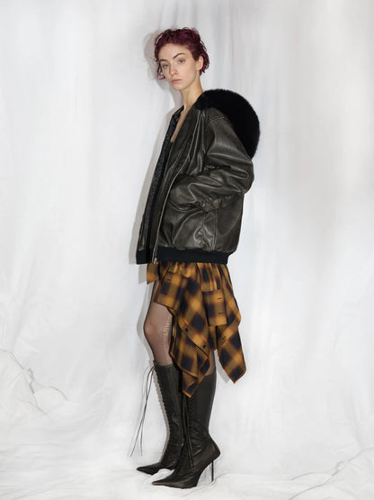 Fox Fur Trimmed Washed Leather Cotton Blend Jacket