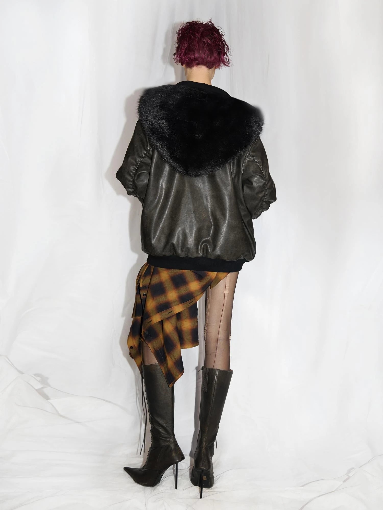 Fox Fur Trimmed Washed Leather Cotton Blend Jacket