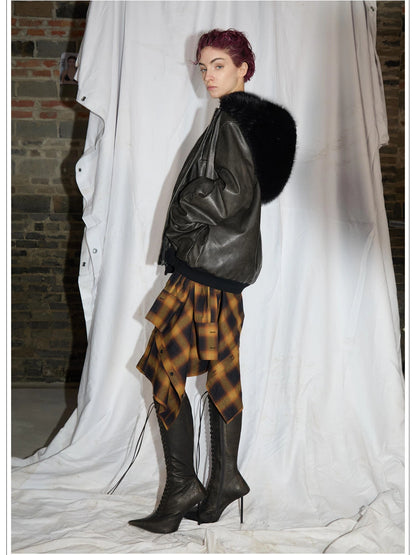 Fox Fur Trimmed Washed Leather Cotton Blend Jacket