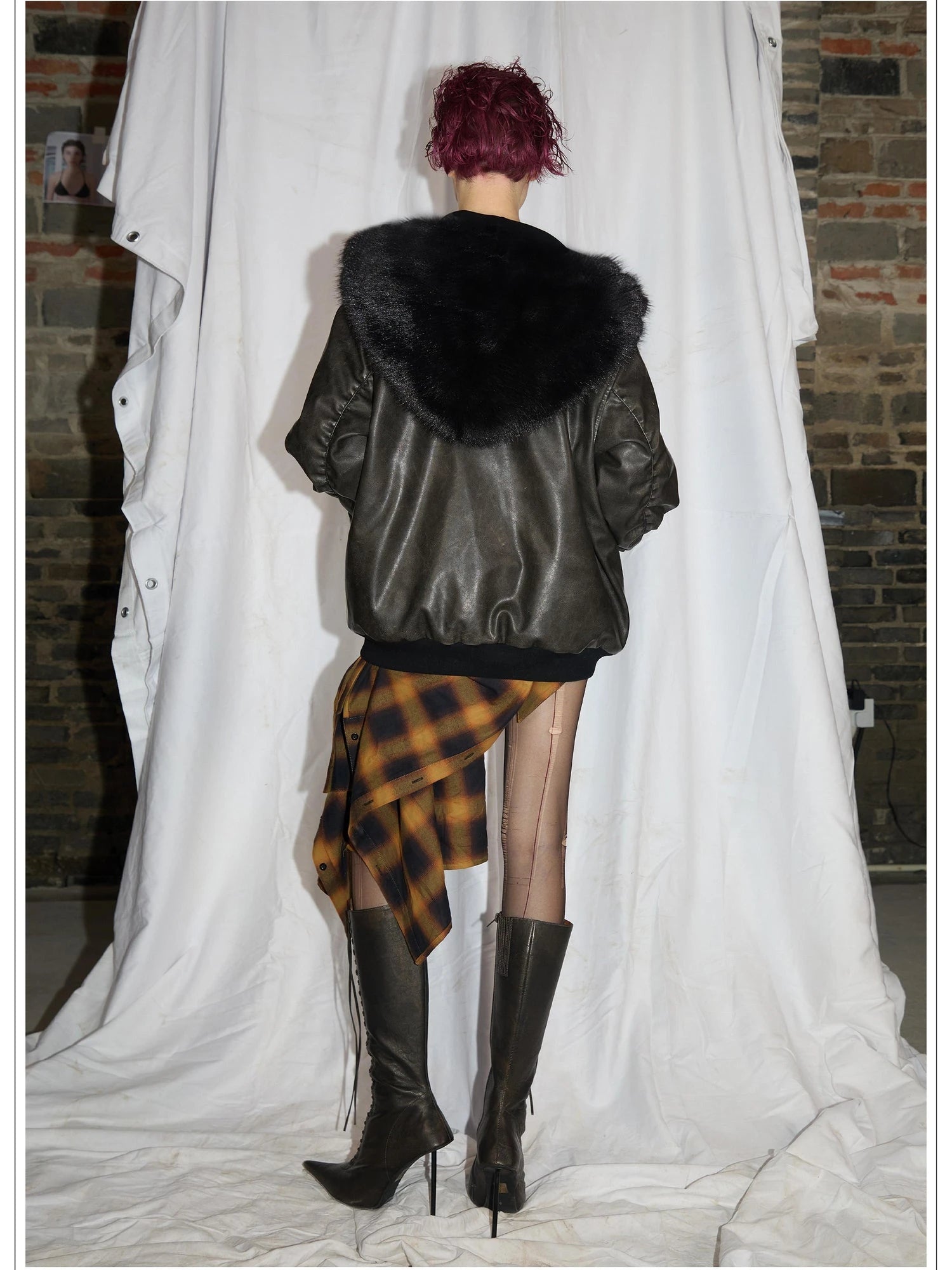 Fox Fur Trimmed Washed Leather Cotton Blend Jacket