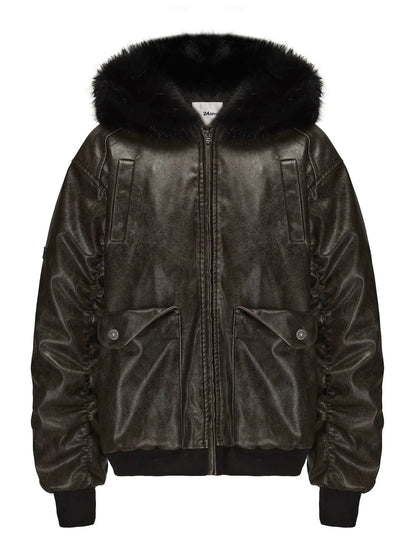 Fox Fur Trimmed Washed Leather Cotton Blend Jacket