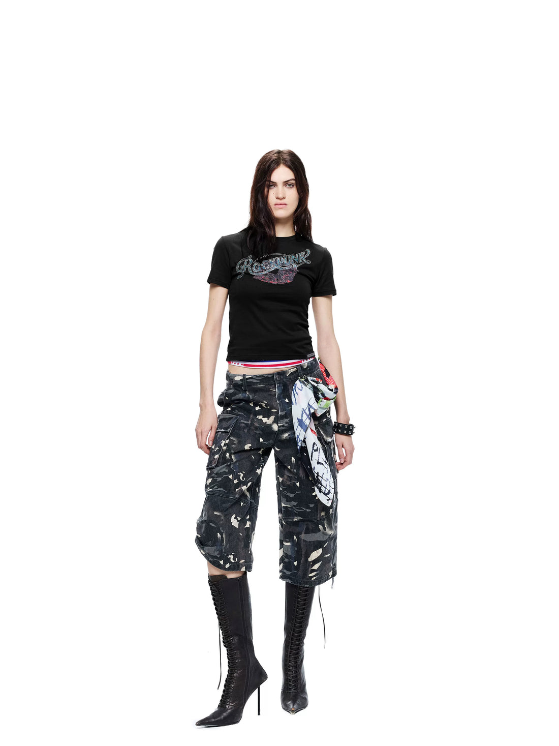 24ans Gradient Rhinestone Ink Print Metal Tag Women&