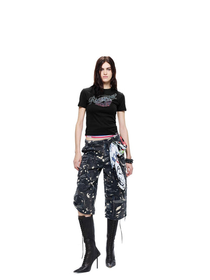 24ans Gradient Rhinestone Ink Print Metal Tag Women&