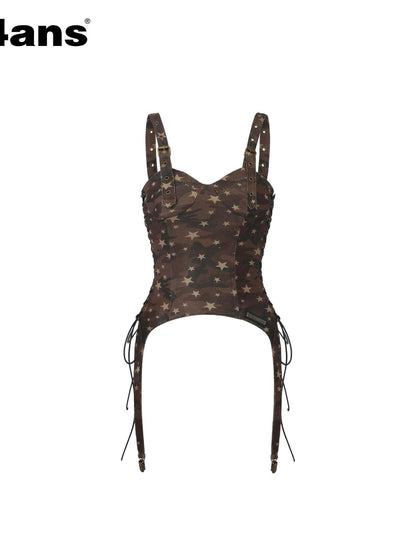 24ans Green Camouflage Fishbone Waist Corset Adjustable Women&