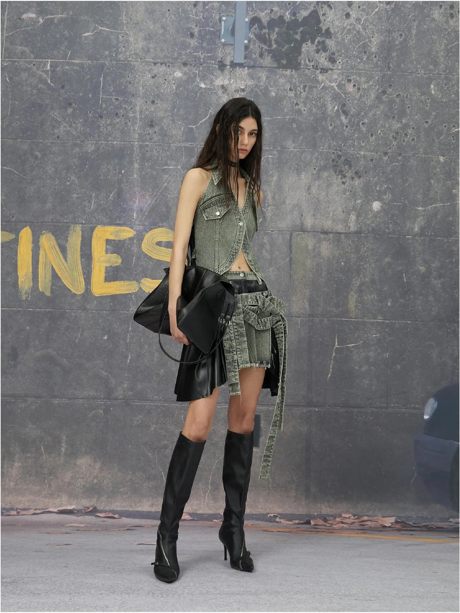 Grey Brown Backless Denim Structured Skirt Set