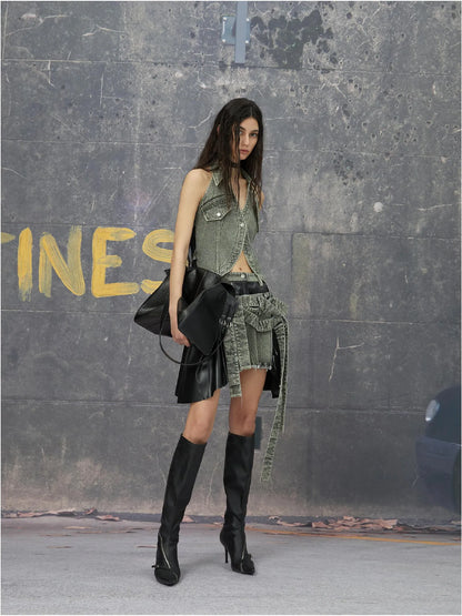 Grey Brown Backless Denim Structured Skirt Set