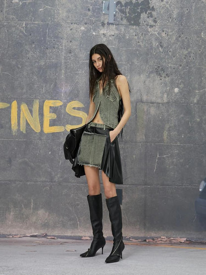 Grey Brown Backless Denim Structured Skirt Set