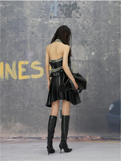 Grey Brown Backless Denim Structured Skirt Set