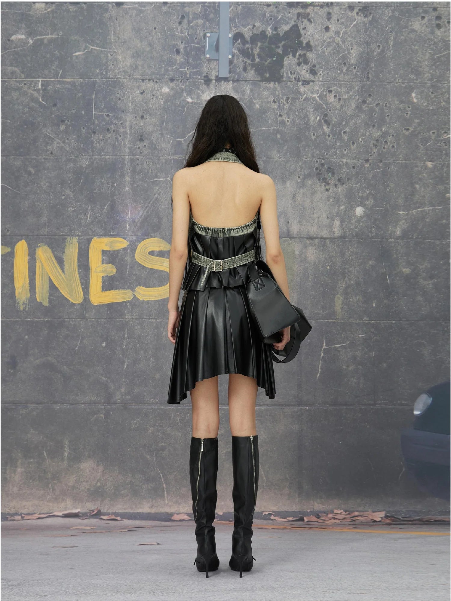 Grey Brown Backless Denim Structured Skirt Set