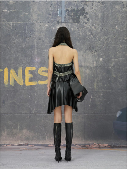 Grey Brown Backless Denim Structured Skirt Set