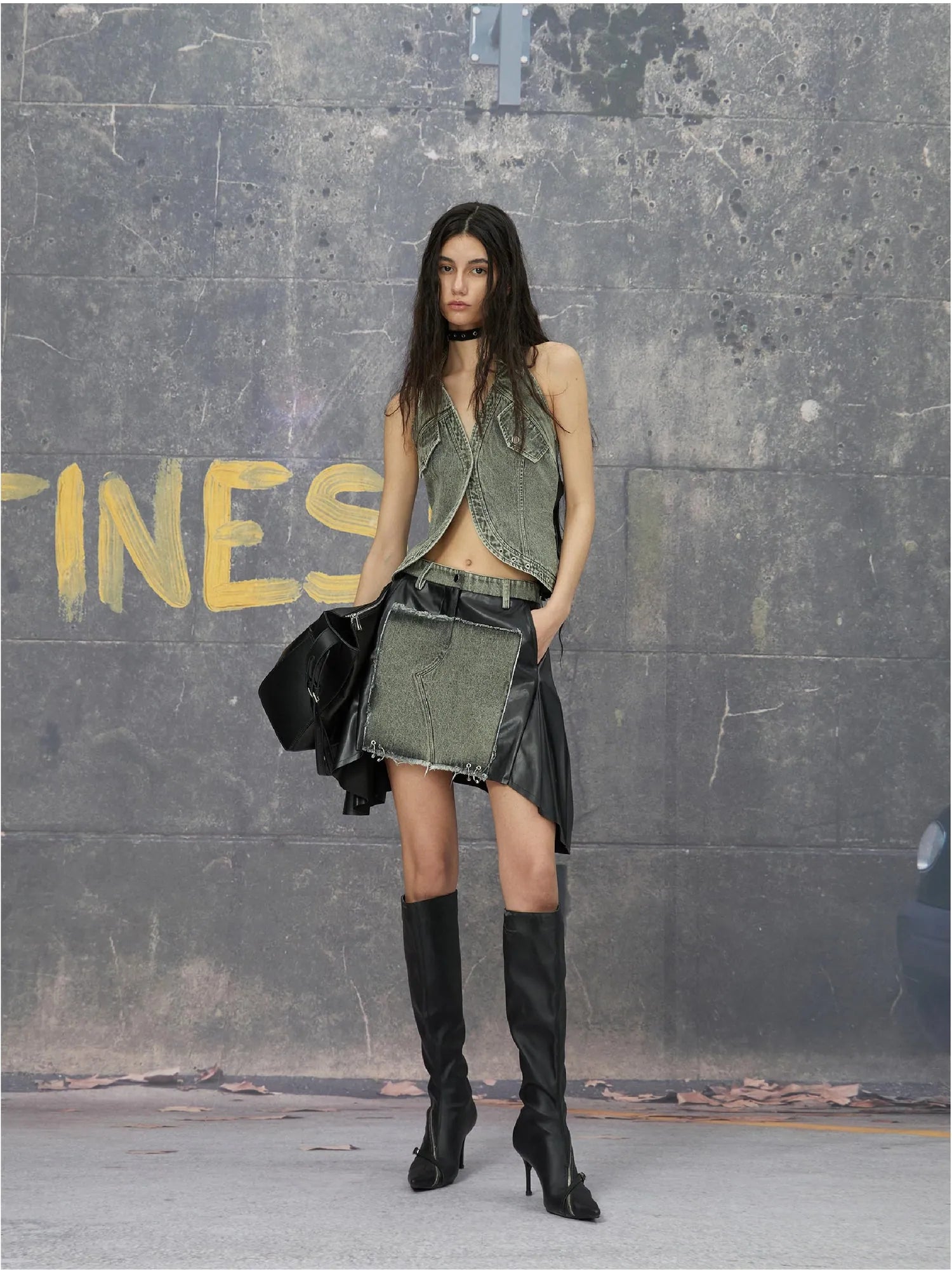 Grey Brown Backless Denim Structured Skirt Set