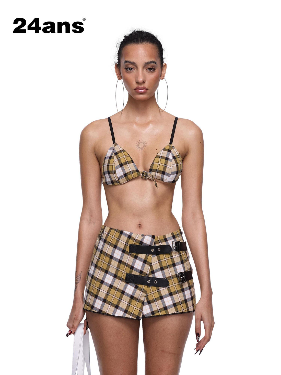 24ans Grid Pattern Bra Top And Pleated Skirt Two Piece Set