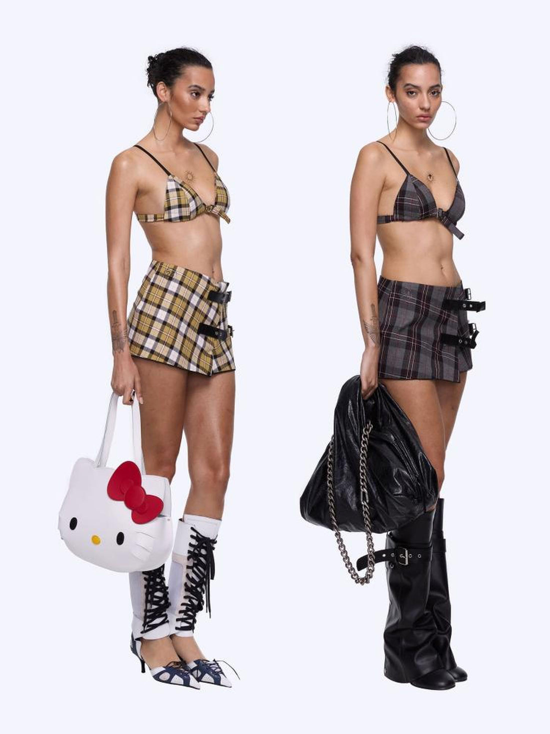 24ans Grid Pattern Bra Top And Pleated Skirt Two Piece Set