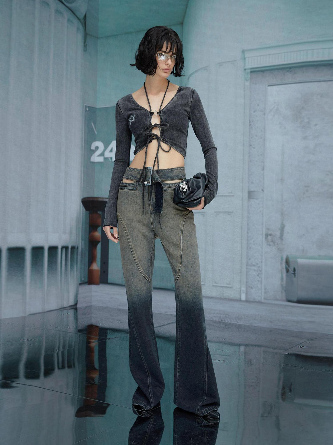 24ans Halter Neck Hollowed Out Long Sleeve Top And Skirt Set