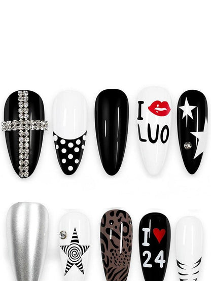 24ans Faux ongles à coller peints à la main avec plusieurs éléments