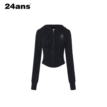 24ans High Waist Letter Print Long Sleeve Sweatshirt Women Black Top &amp; Pants Sets