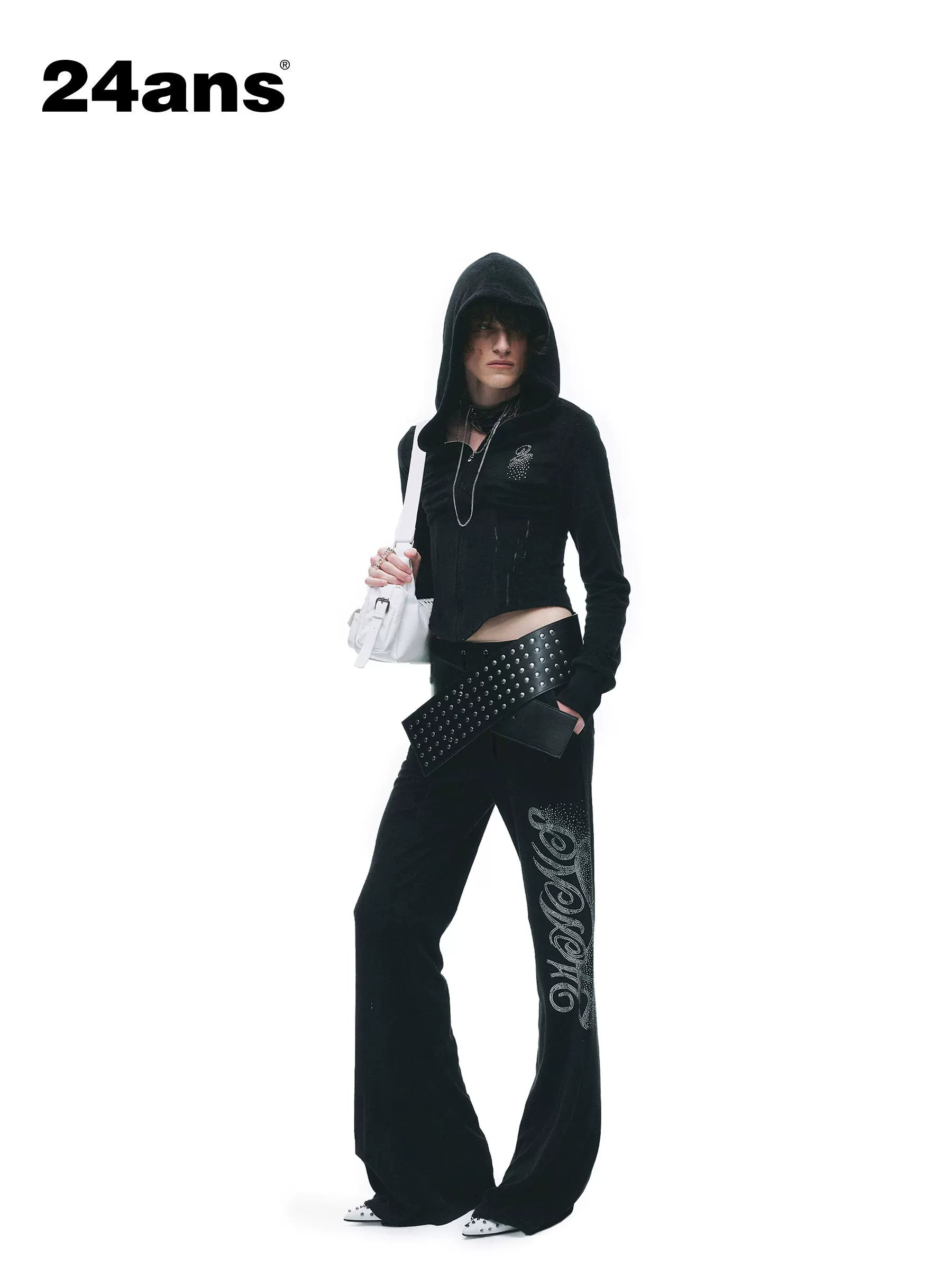 24ans High Waist Letter Print Long Sleeve Sweatshirt Women Black Top &amp; Pants Sets-1
