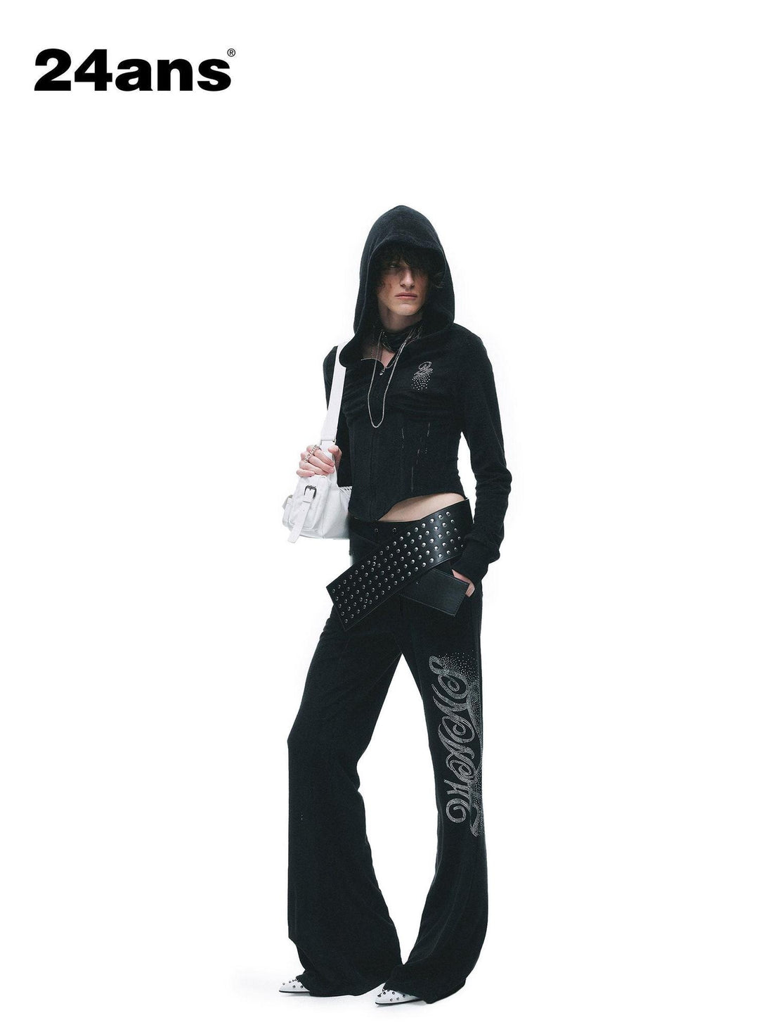 24ans High Waist Letter Print Long Sleeve Sweatshirt Women Black Top &amp; Pants Sets