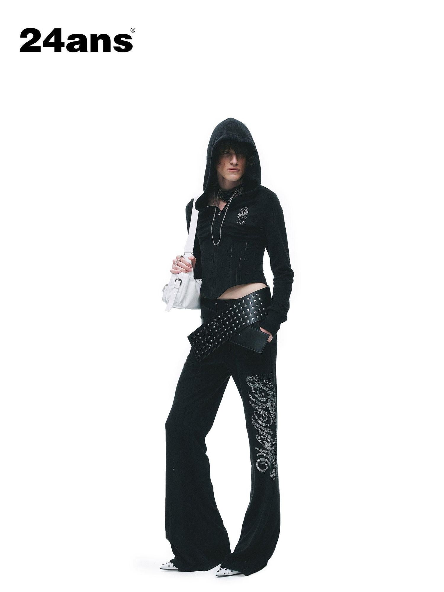 24ans High Waist Letter Print Long Sleeve Sweatshirt Women Black Top &amp; Pants Sets