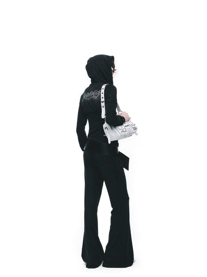 24ans High Waist Letter Print Long Sleeve Sweatshirt Women Black Top &amp; Pants Sets