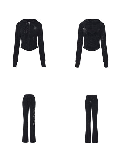 24ans High Waist Letter Print Long Sleeve Sweatshirt Women Black Top &amp; Pants Sets