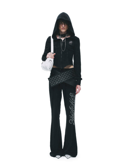 24ans High Waist Letter Print Long Sleeve Sweatshirt Women Black Top &amp; Pants Sets