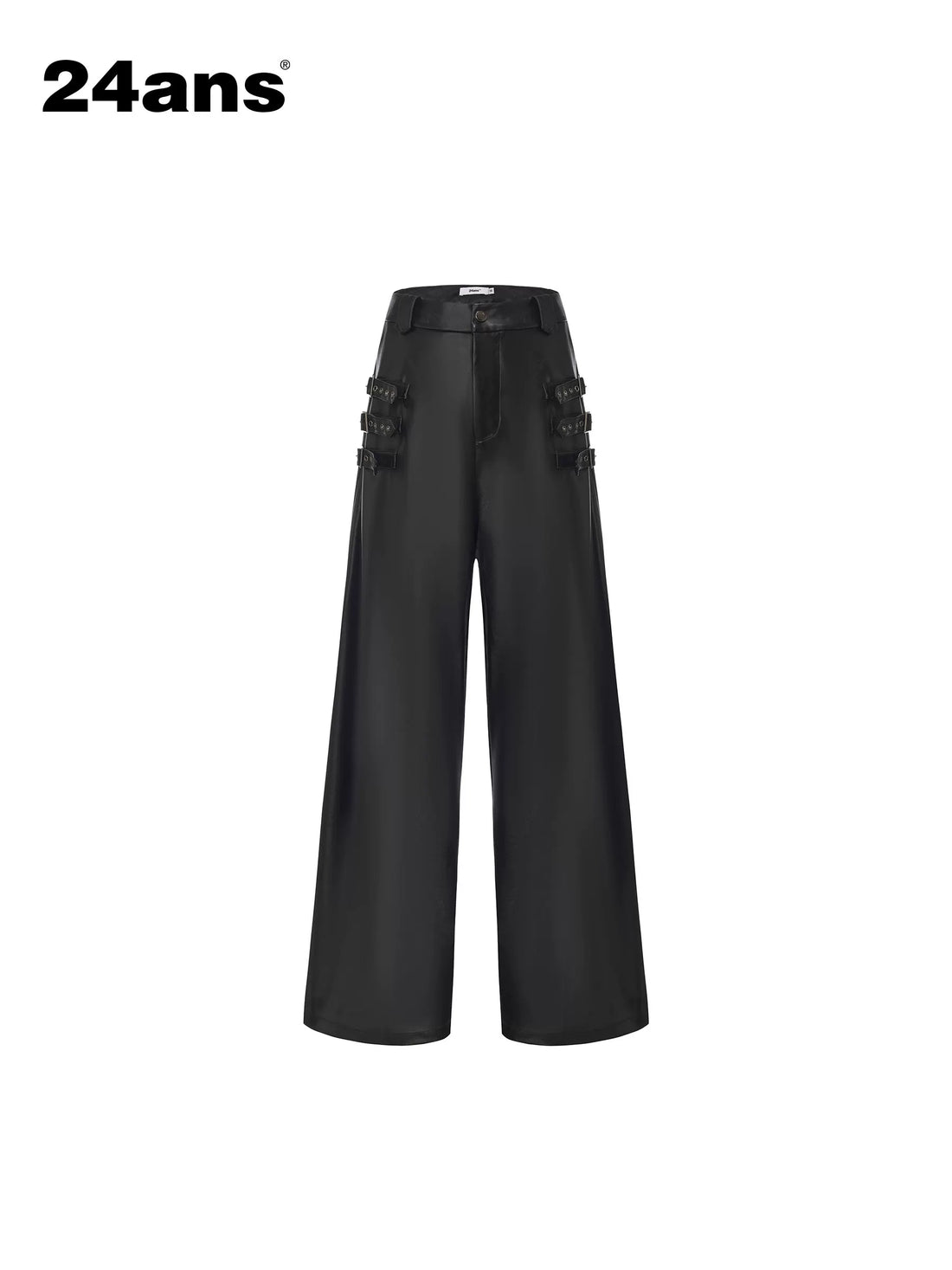 24ans High Waist Plaid Wide Leg Casual Button Front Stretch Black Women Pants-1