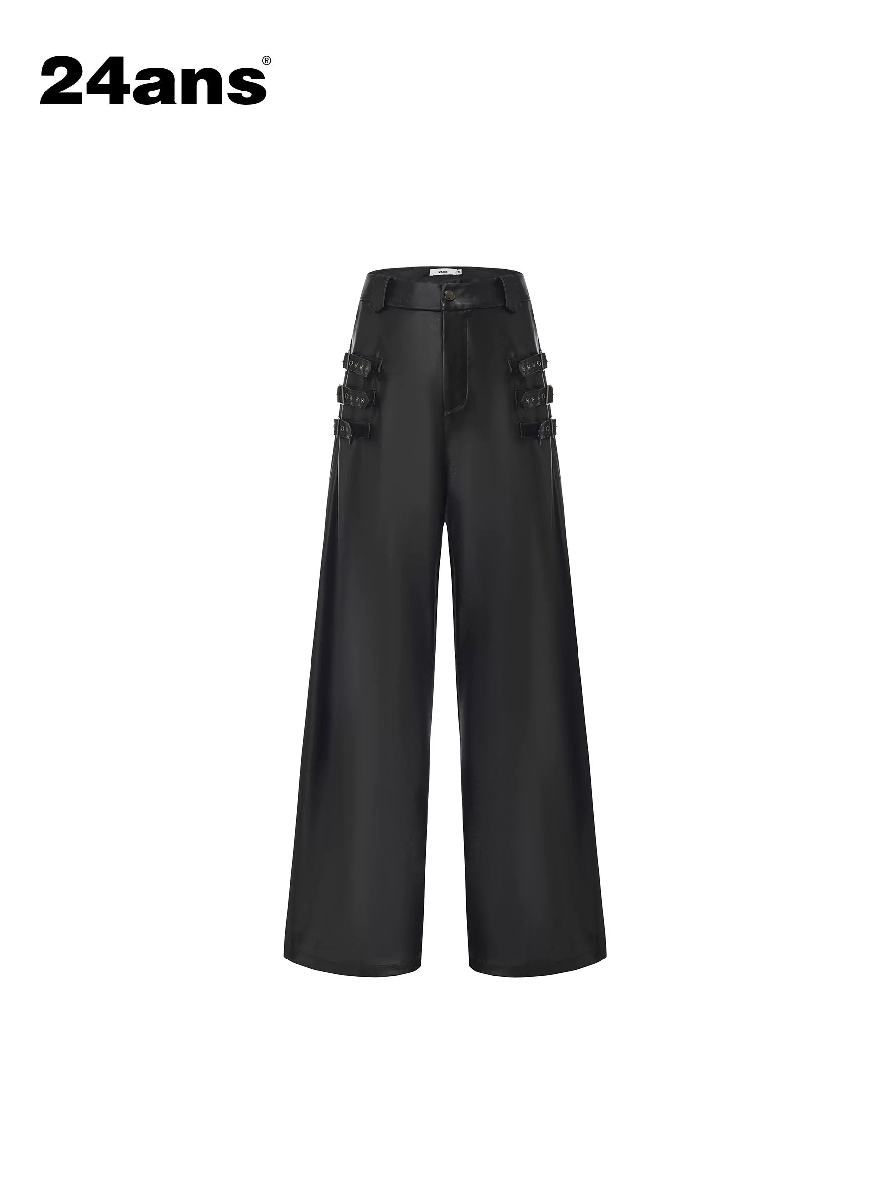 24ans High Waist Plaid Wide Leg Casual Button Front Stretch Black Women Pants-1