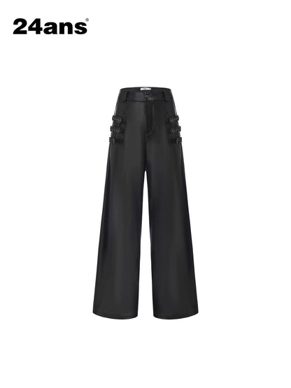 24ans High Waist Plaid Wide Leg Casual Button Front Stretch Black Women Pants-1