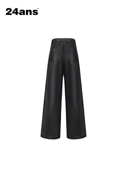 24ans High Waist Plaid Wide Leg Casual Button Front Stretch Black Women Pants-2