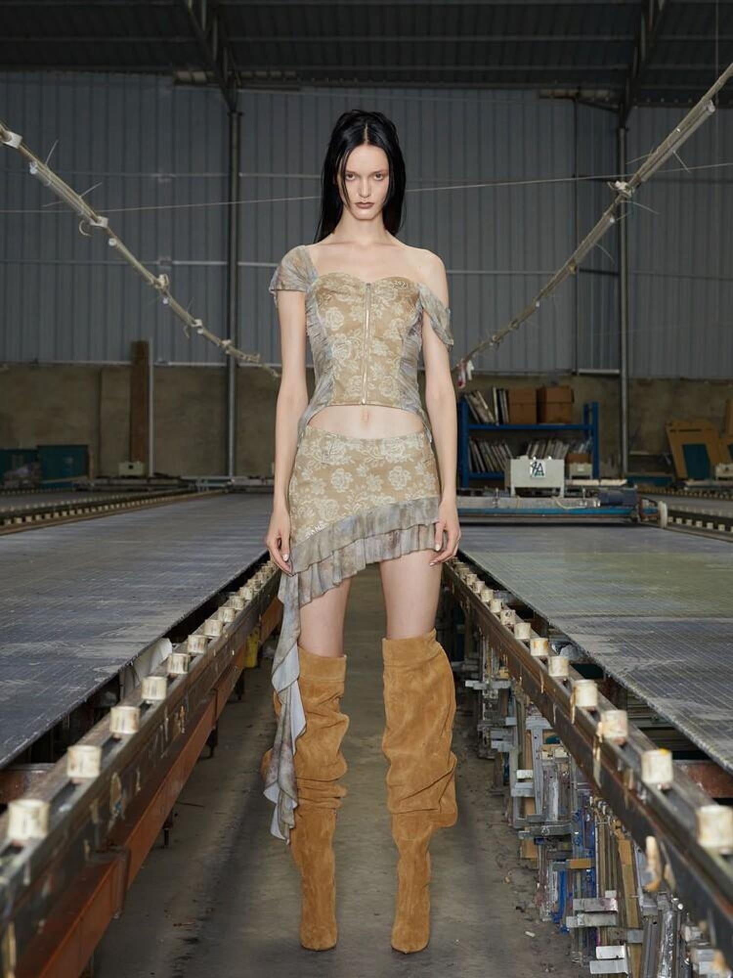 24ans High Waist Ruffle Cotton A Line Commuter Set Floral T Shirt Mini Skirt Suits