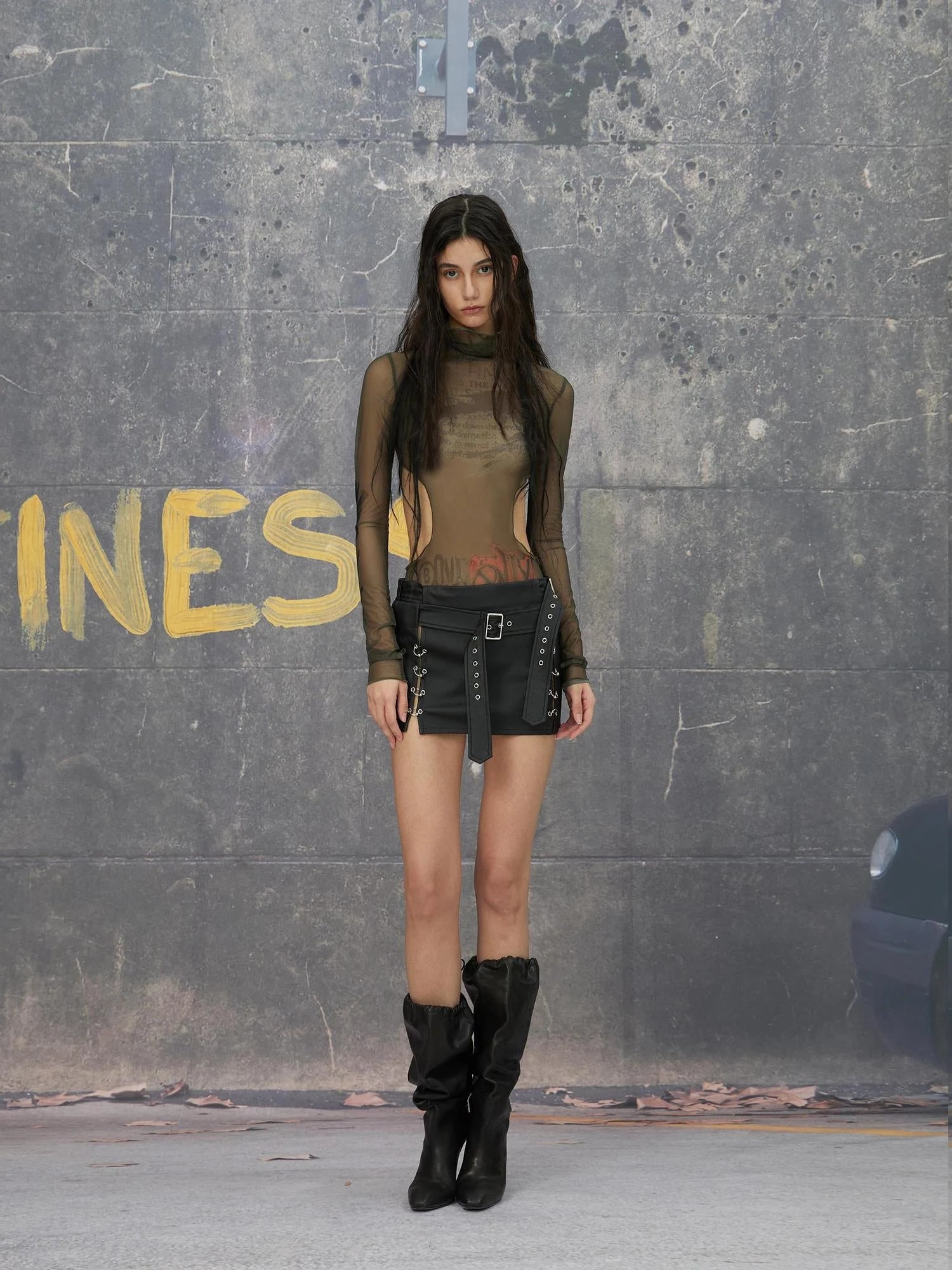 Hollow Out Mesh Long Sleeve Top With Lace Trim