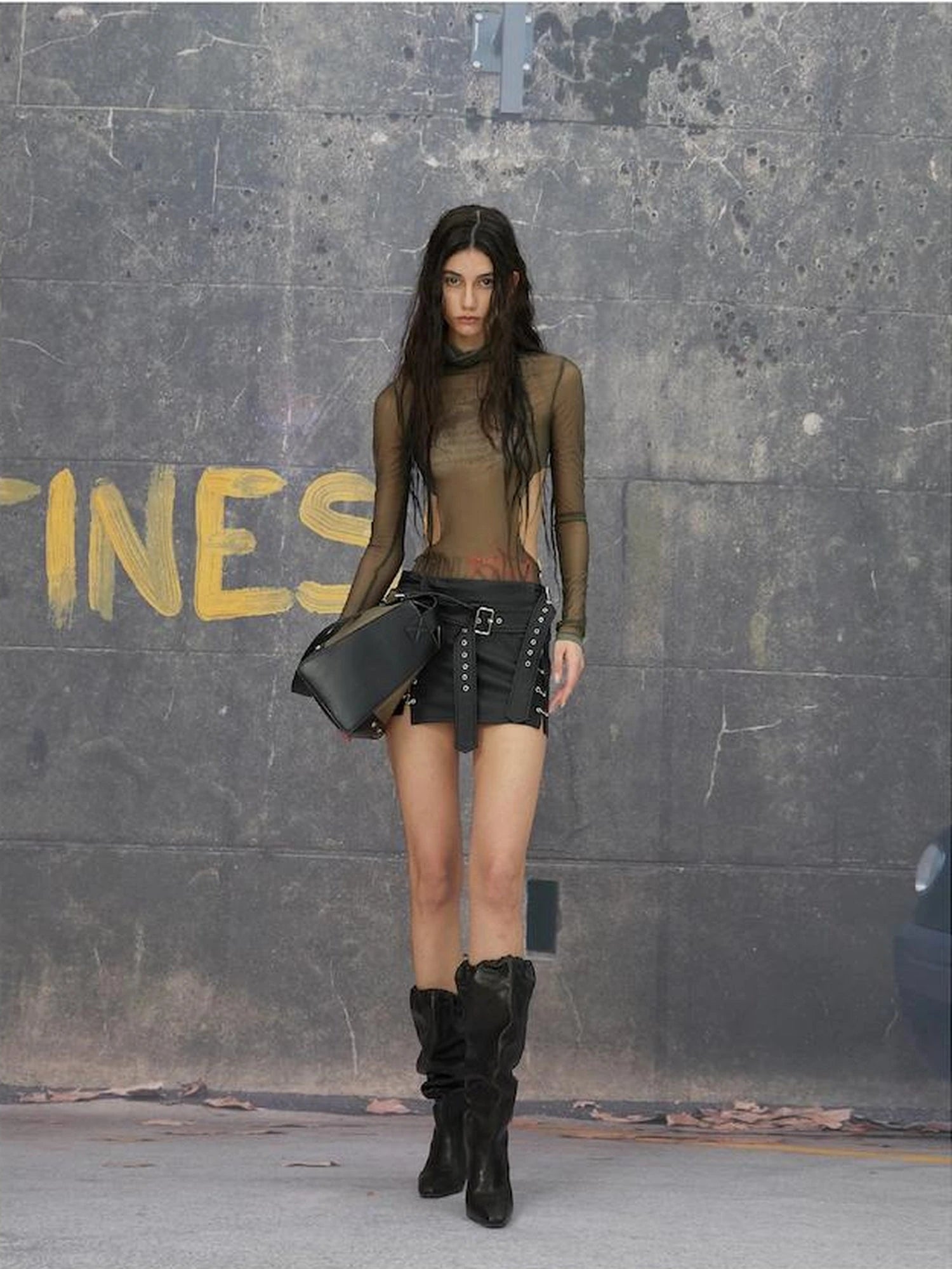 Hollow Out Mesh Long Sleeve Top With Lace Trim