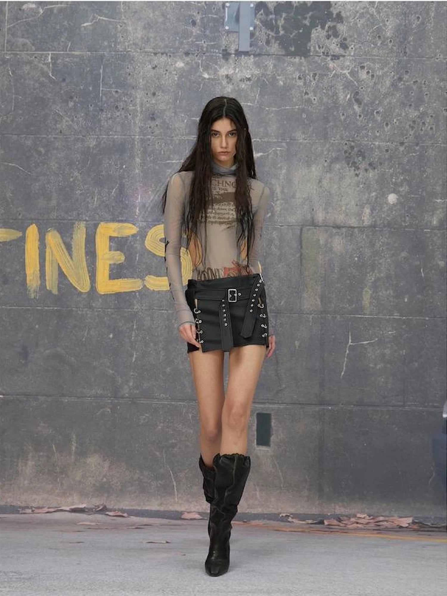 Hollow Out Mesh Long Sleeve Top With Lace Trim