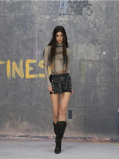 Hollow Out Mesh Long Sleeve Top With Lace Trim
