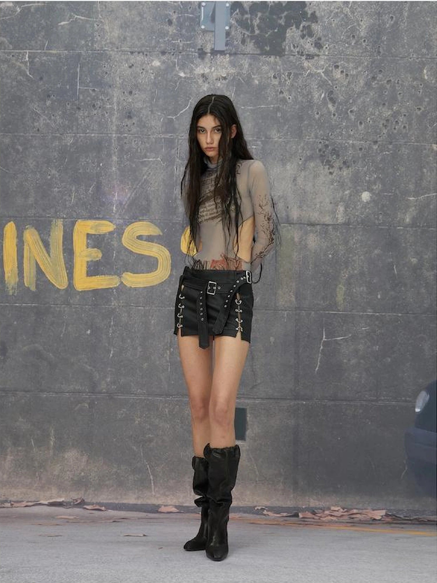 Hollow Out Mesh Long Sleeve Top With Lace Trim
